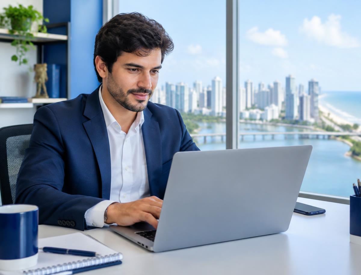 Consultor financeiro trabalhando no notebook em escritório moderno com vista para Recife