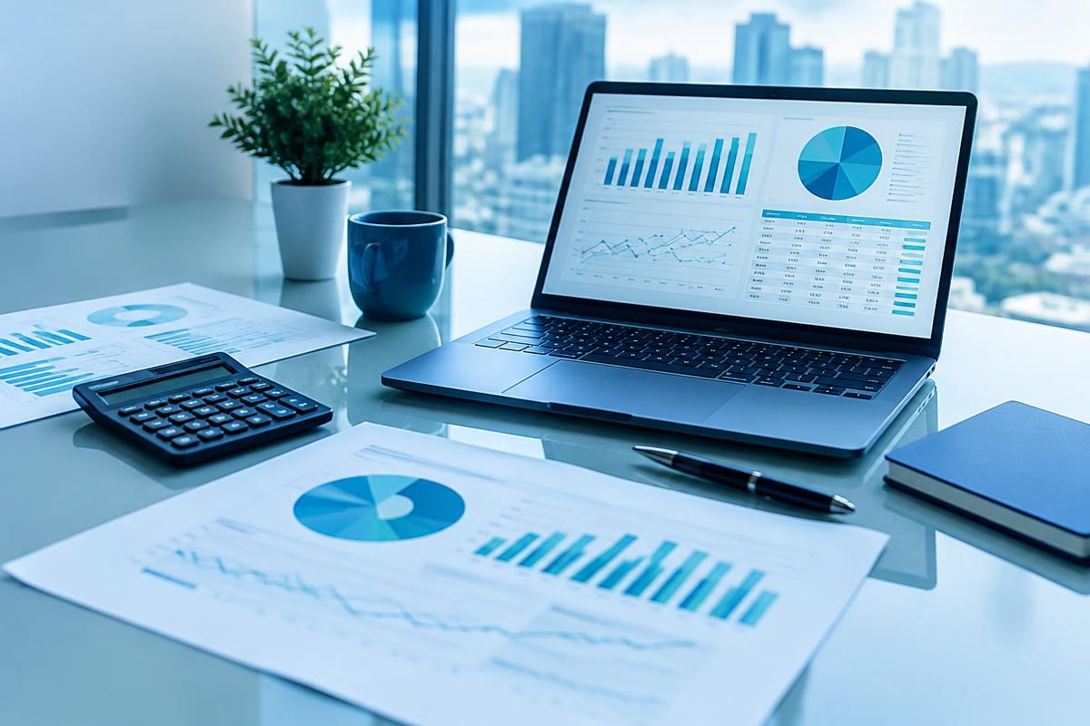 Mesa de trabalho com notebook exibindo gráficos financeiros, relatórios impressos e calculadora